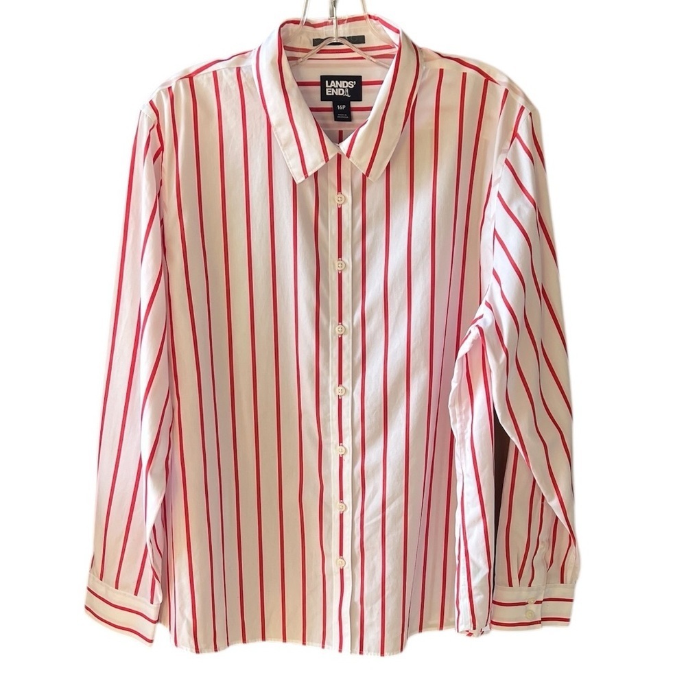 Land’s End 16P No Iron Cotton White Red Stripes Button Down Shirt